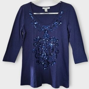 Style & Co Sequin Top Size MP Blue Holiday Evening Party Cotton